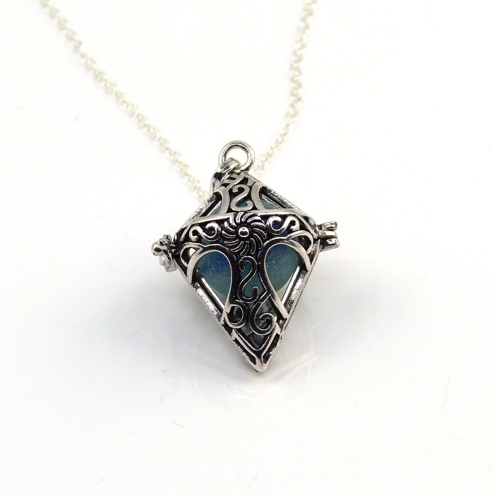 Ocean Blue Sea Glass Marble Locket Necklace L199