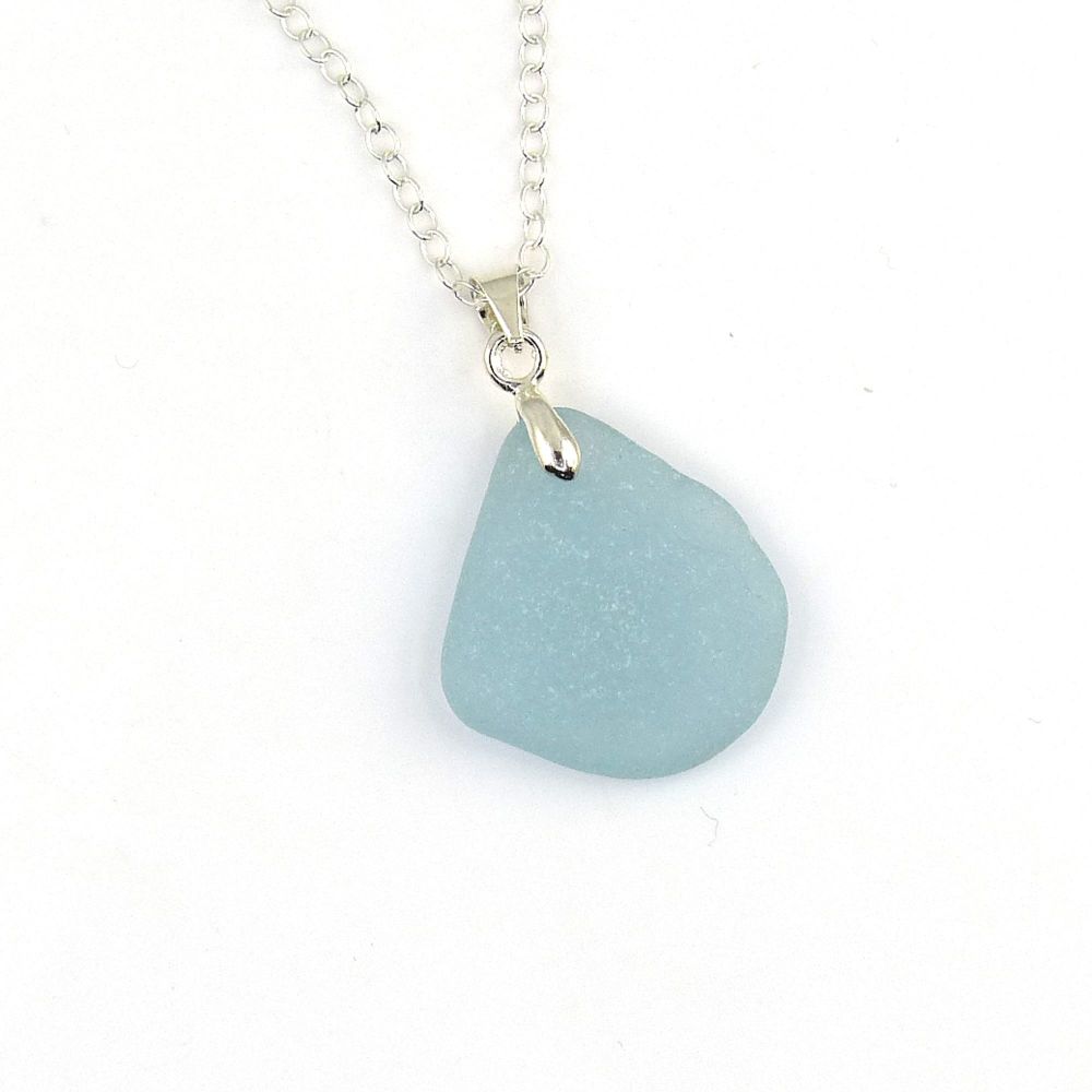 Deep Powder Blue Sea Glass Silver Necklace ANAIS