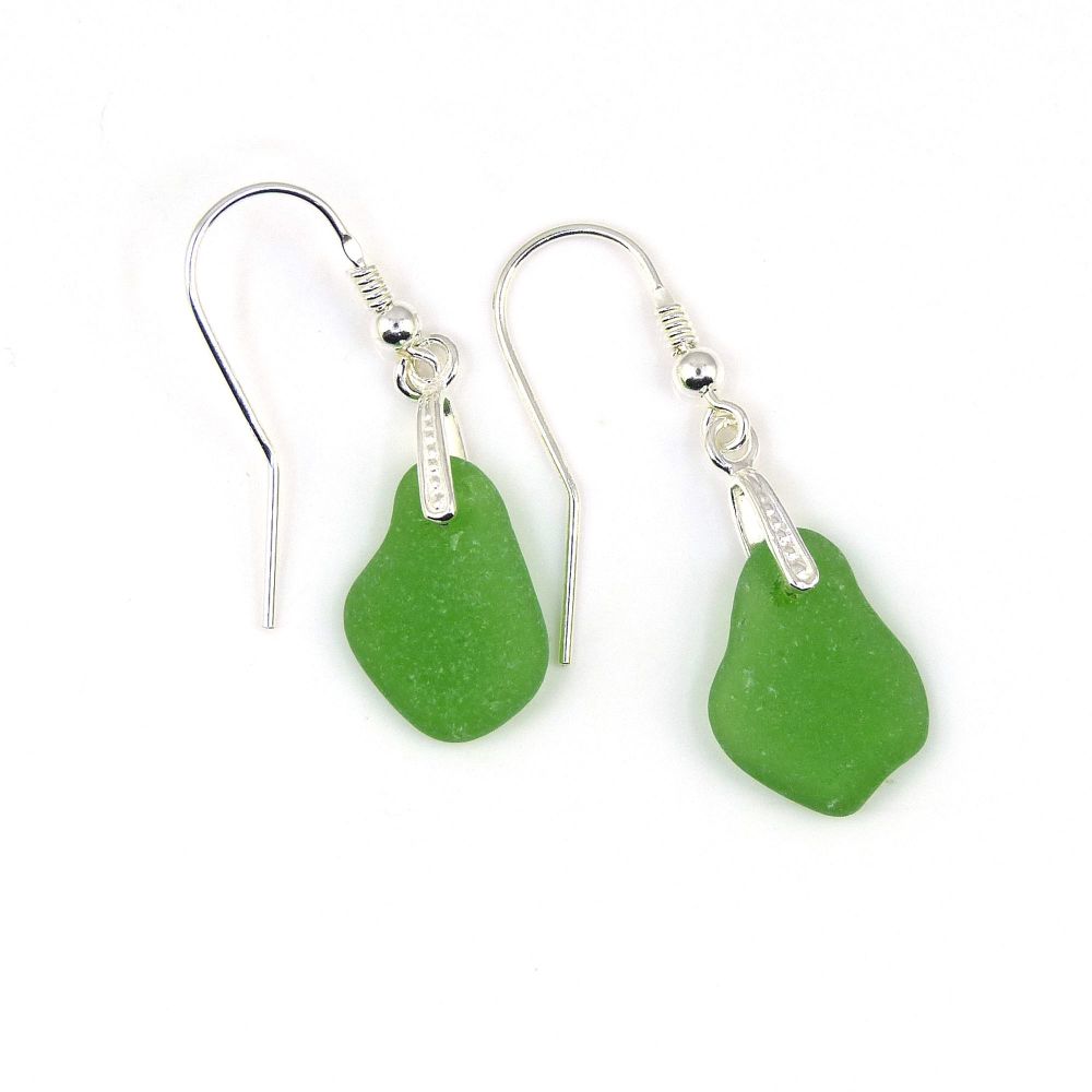 Emerald Green Sea Glass Sterling Silver Drop Earrings E188
