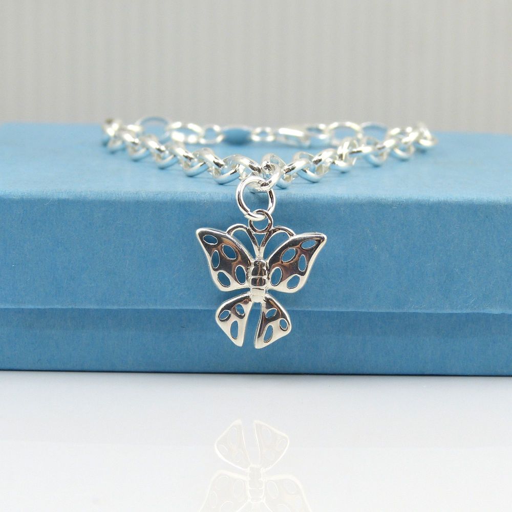 Sterling Silver Bracelet with Silver Filigree Butterfly Charm 