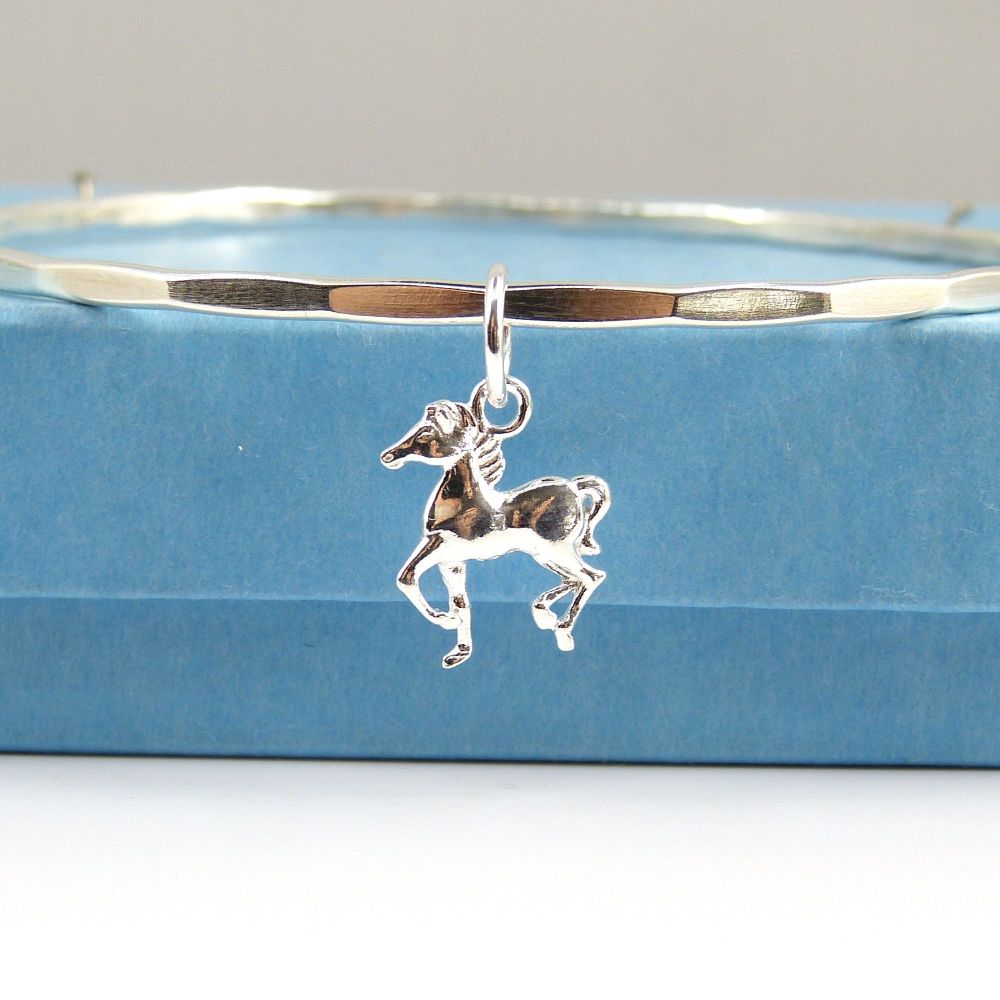 Sterling Silver Hammered Bangle with Horse Charm