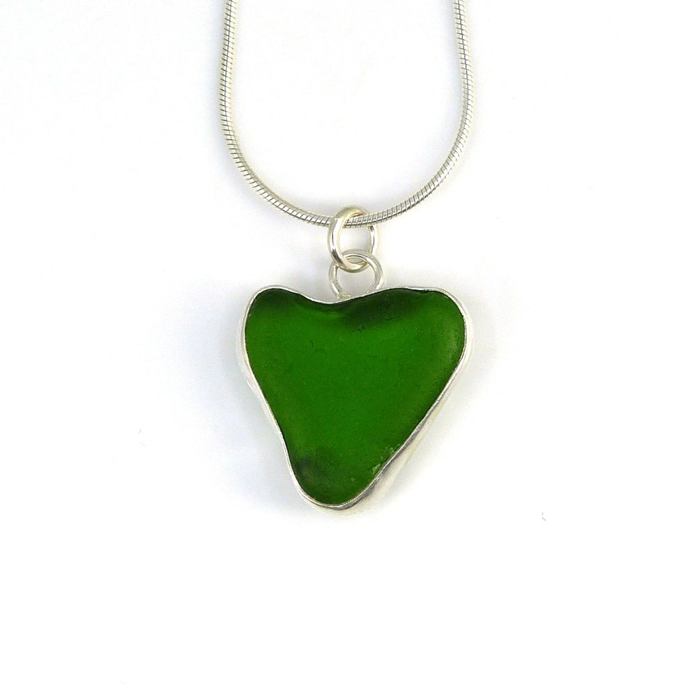 Bezel Set Emerald Green Sea Glass heart Pendant Necklace RILEY