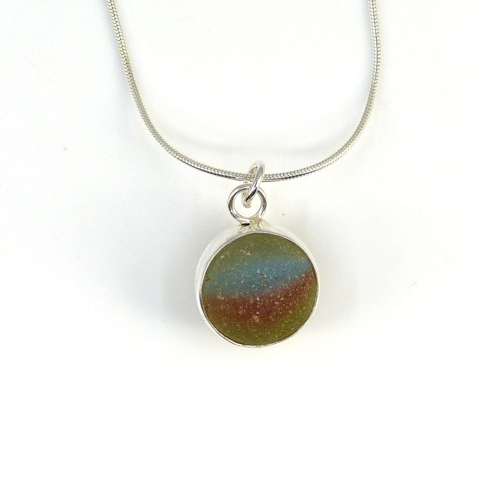 English Sea Glass Rainbow Marble Pendant, Silver Necklace 
