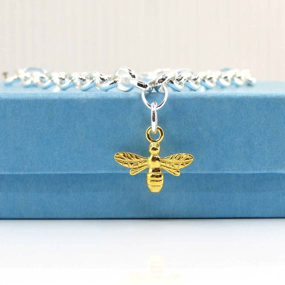 Sterling Silver Bracelet with Yellow Gold Bee Charm 