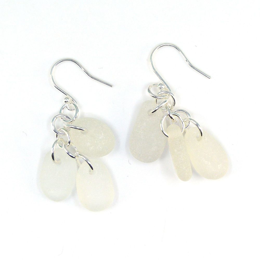 White Sea Glass Sterling Silver Drop Earrings, Seaham Sea Glass E220