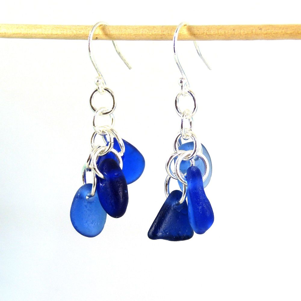 Cobalt Blue Sea Glass Sterling Silver Drop Earrings, Seaham Sea Glass E219
