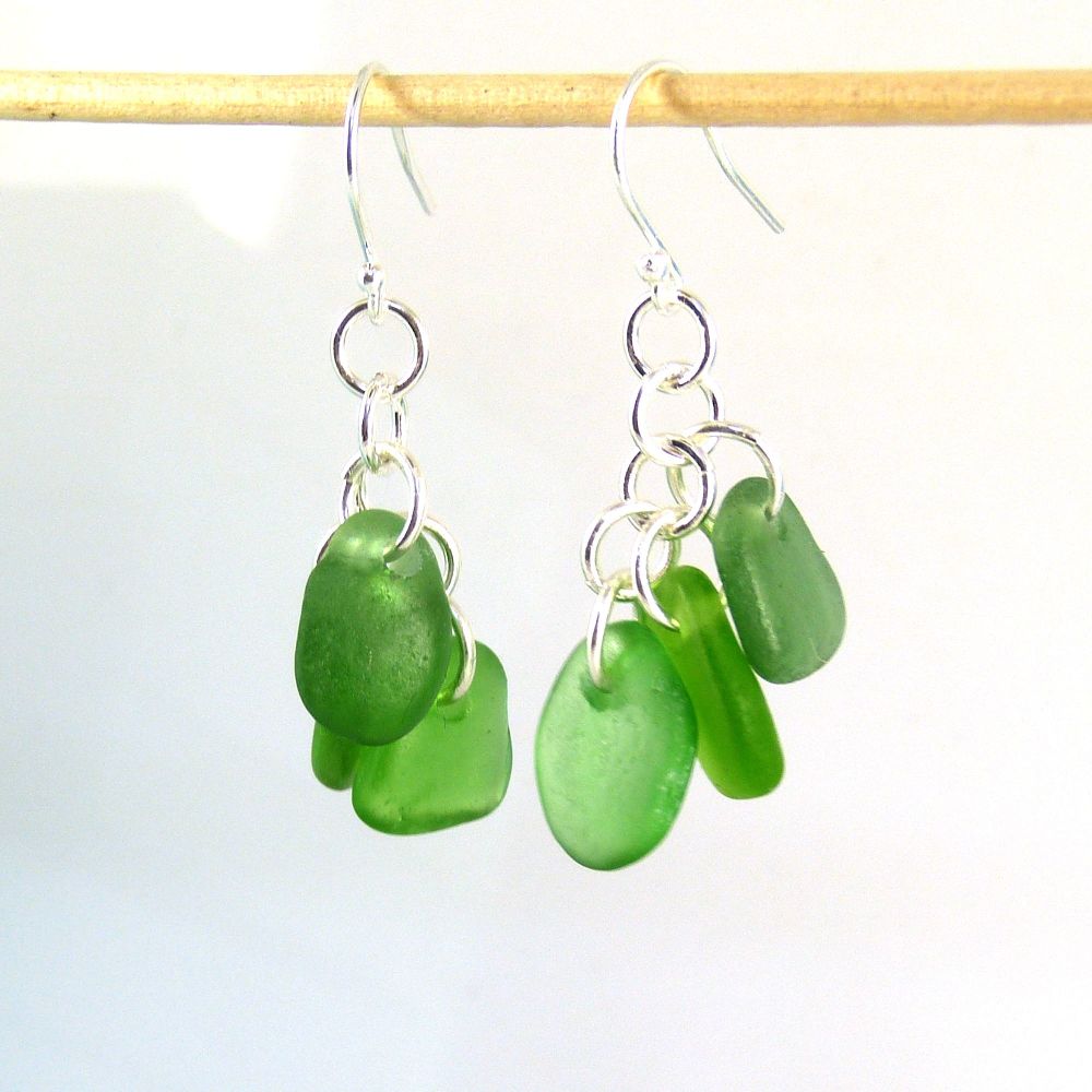 Emerald Green Sea Glass Sterling Silver Drop Earrings, Seaham Sea Glass E21