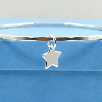 Sterling Silver Hammered Bangle with Star Charm