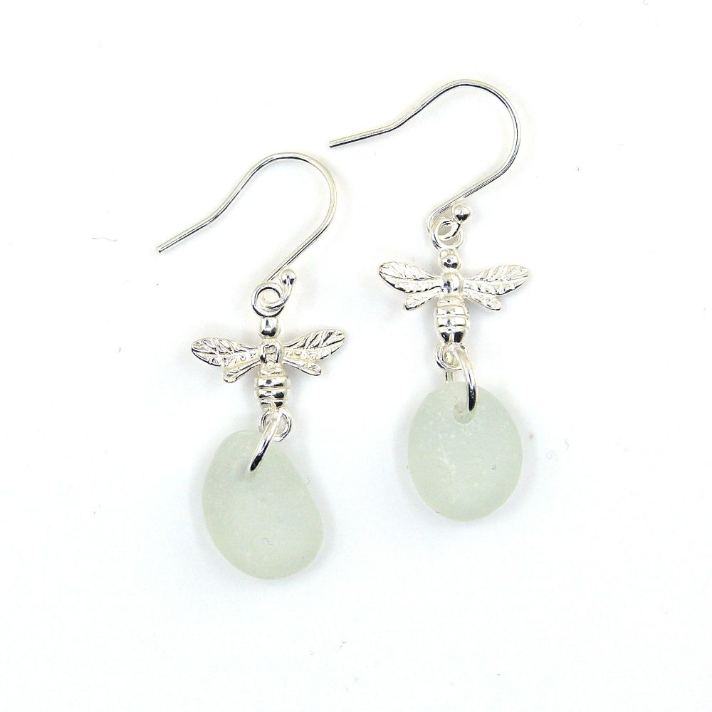 Seaham Pale Blue Sea Glass Sterling Silver Bee Earrings 