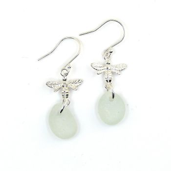 Pale Blue Sea Glass Sterling Silver Bee Earrings e302