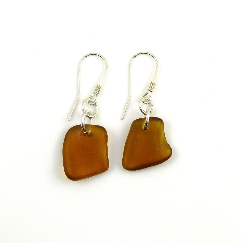 Amber Sea Glass Sterling Silver Drop Earrings, Birthday Gift, Gift for Mum