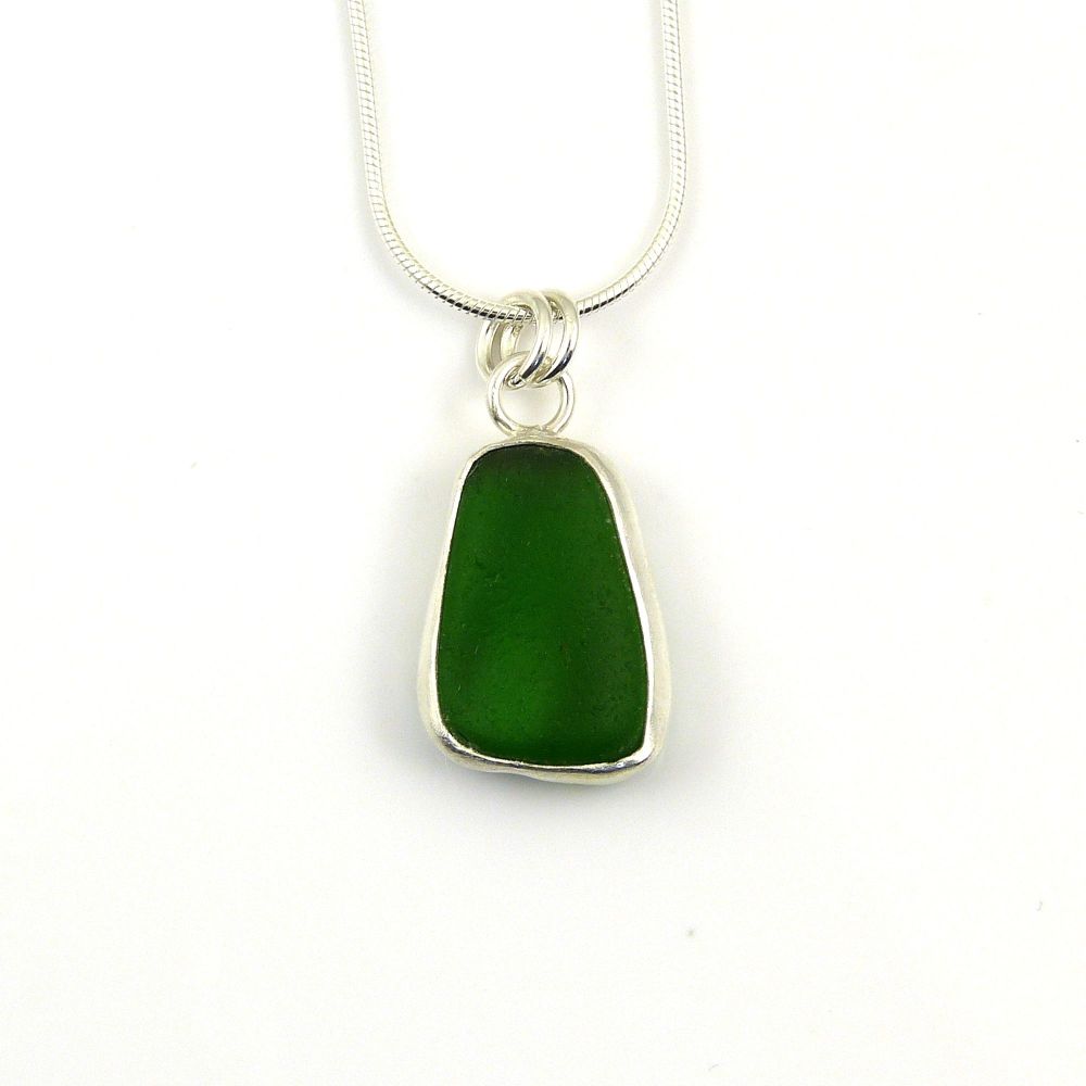 Bezel Set Hunter Green Sea Glass Pendant Necklace, Seaglass Pendant, Gift I