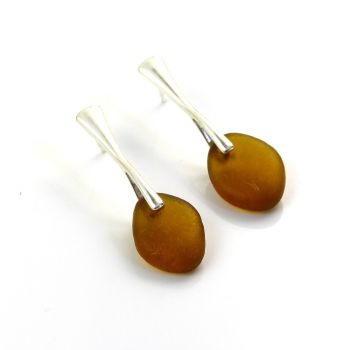 Amber Sea Glass Sterling Silver Stud Earrings,  E240