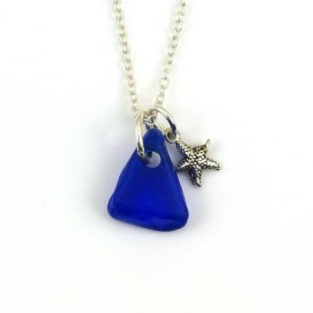 Cobalt Blue Sea Glass and Sterling Silver Starfish Charm Necklace  