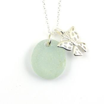 Seafoam Sea Glass and Sterling Silver Filigree Butterfly Charm Necklace  