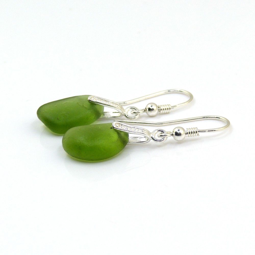 Deep Lime Green Sea Glass and Sterling Silver Earrings E244
