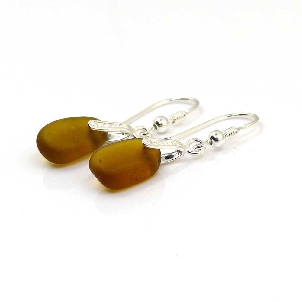 Amber Sea Glass Sterling Silver Drop Earrings E243
