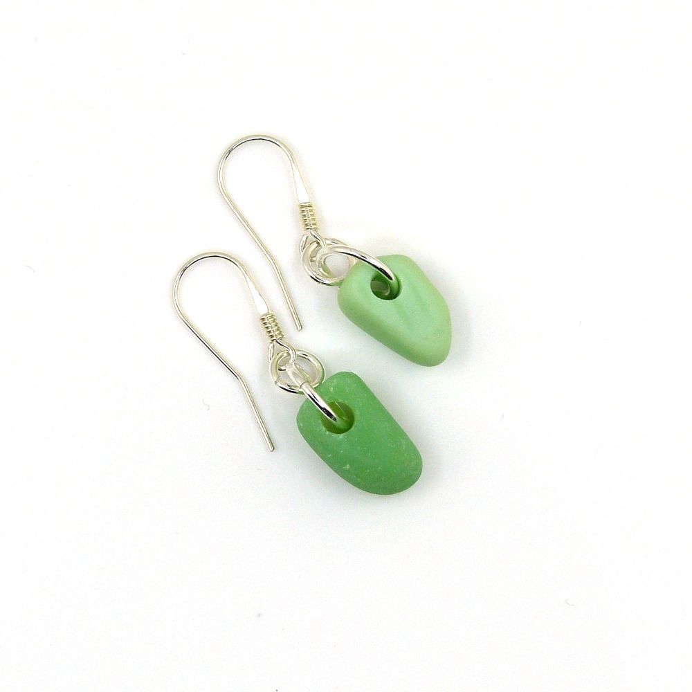 Pastel Green Milk Sea Glass and Sterling Silver Earrings 