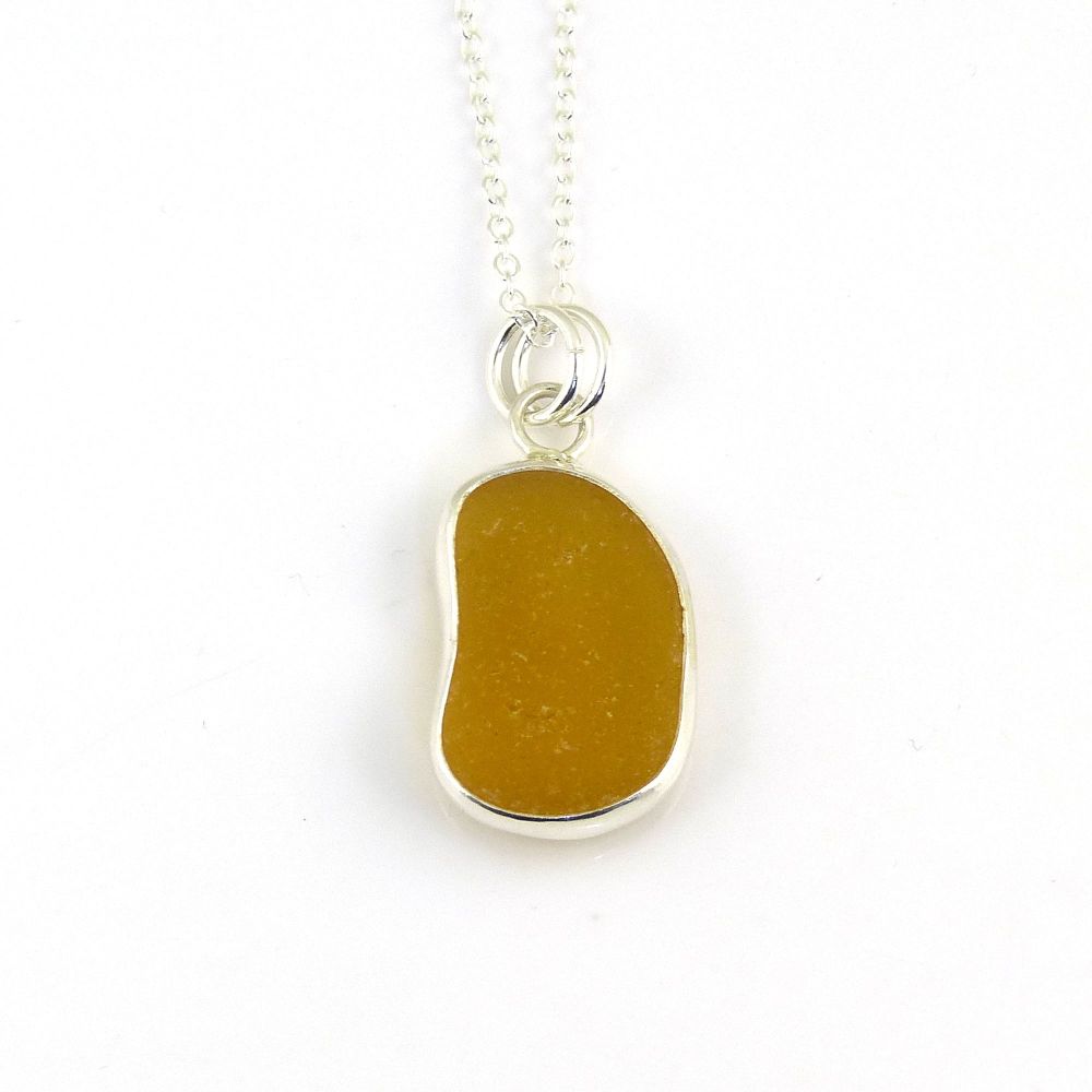 Bezel Set Honey Amber Sea Glass Pendant Necklace  CAYLA
