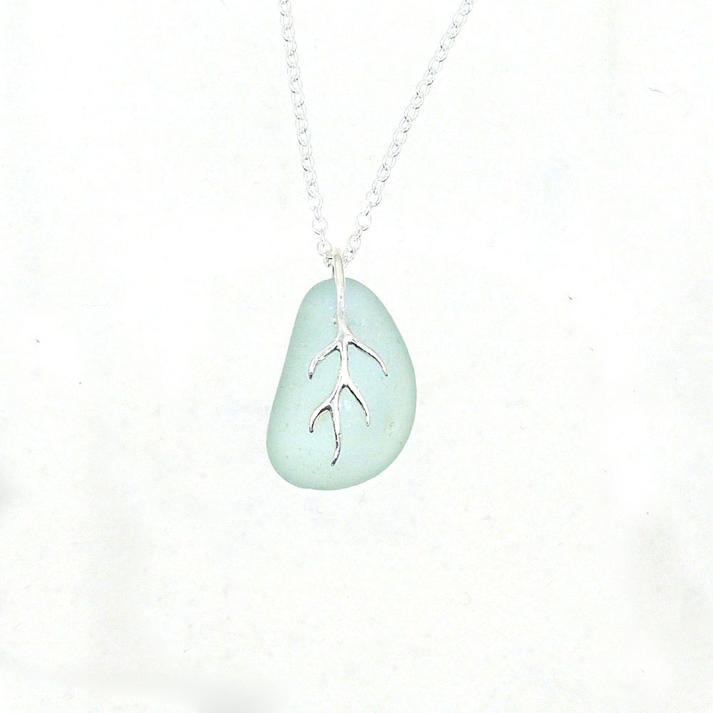 Light Aquamarine Sea Glass and Silver Tendril Necklace FELICIA