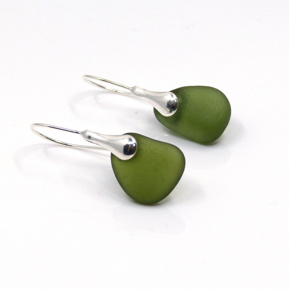 Olive Green Sea Glass Drop Earrings E254