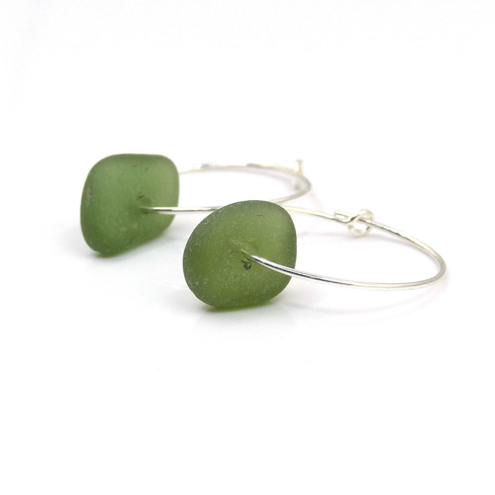 Forest Green Sea Glass and Sterling Silver Hoop Earrings 