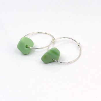 Pastel Green Milk Sea Glass and Sterling Silver Hoop Earrings