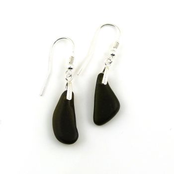 Black Sea Glass Sterling Silver Drop Earrings  e279