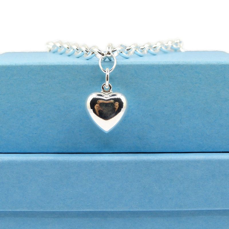 Sterling Silver Puff Heart Bracelet , Silver Heart,  Charm Necklace
