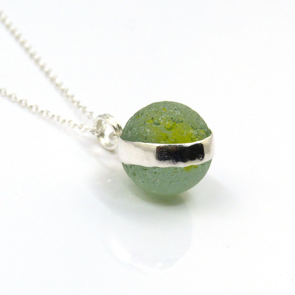 Seafoand and Yellow English Sea Glass Marble Pendant, Silver Necklace  L217