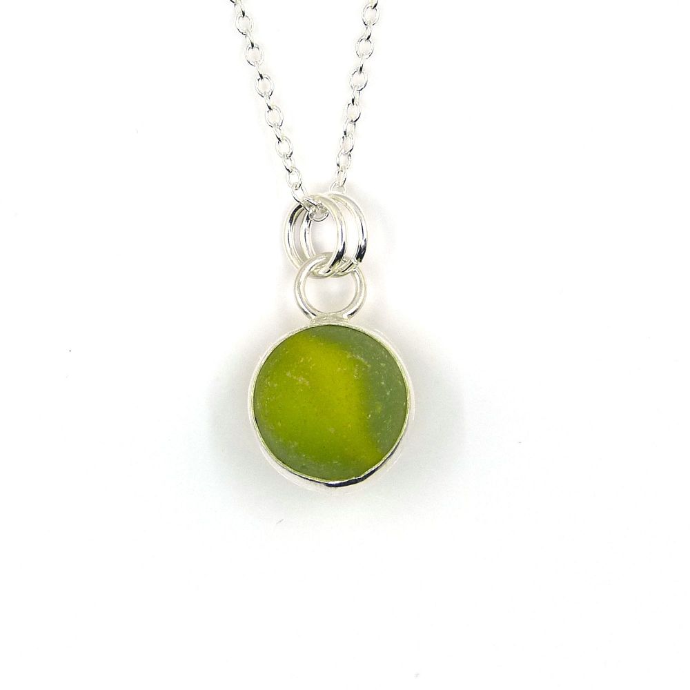 Tiny Seafoam and and Yellow English Sea Glass Marble Pendant, Silver Neckla