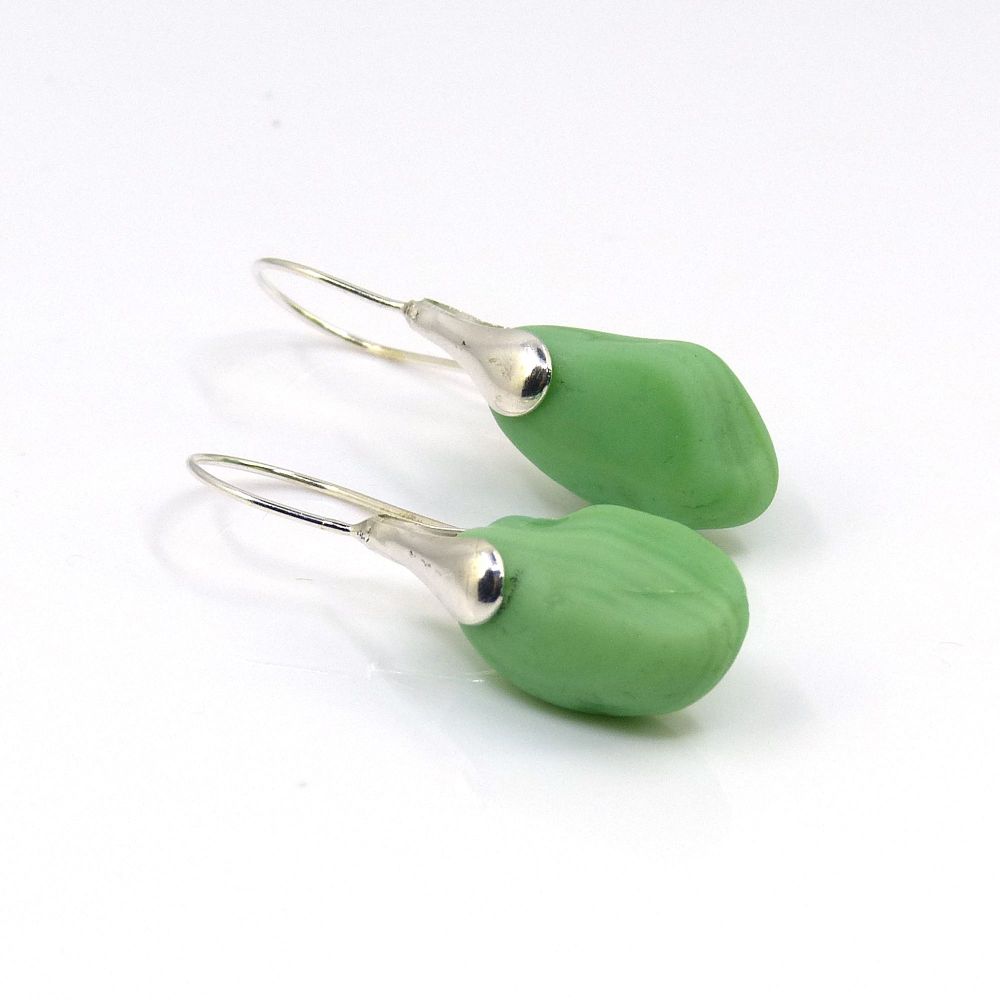 Pastel Green Milk Sea Glass and Sterling Silver Earrings e276