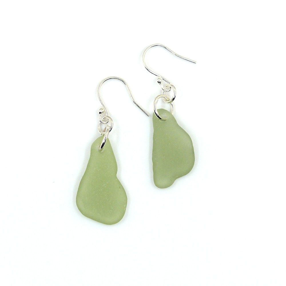 Sage Green Sea Glass and Sterling Silver Earrings e303