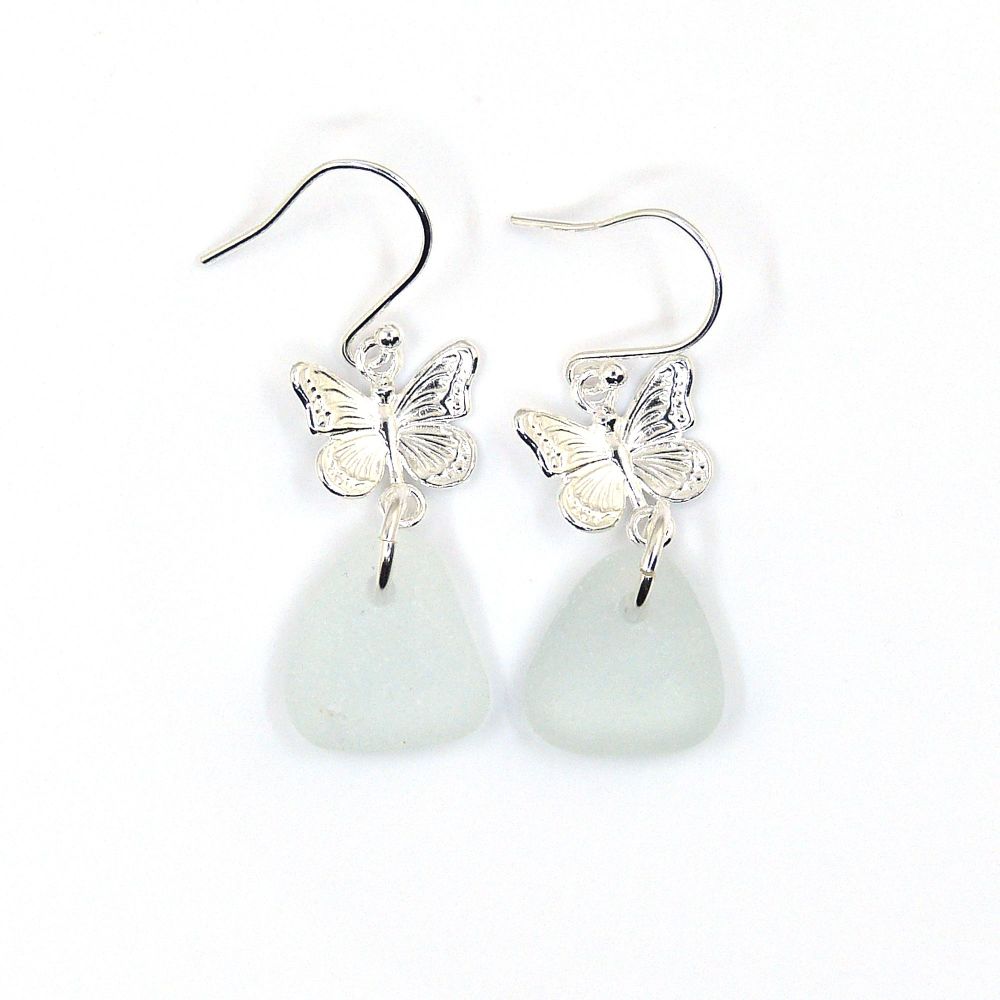 Sterling Silver  Butterfly and Sea Glass Drop Earrings e307