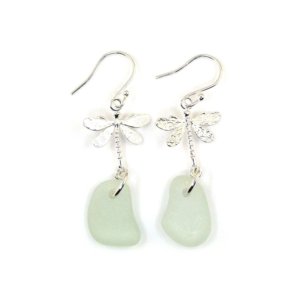 Sterling Silver Dragonfly and Sea Glass Drop Earrings e308