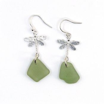 Sterling Silver Dragonfly and Sea Glass Drop Earrings e310