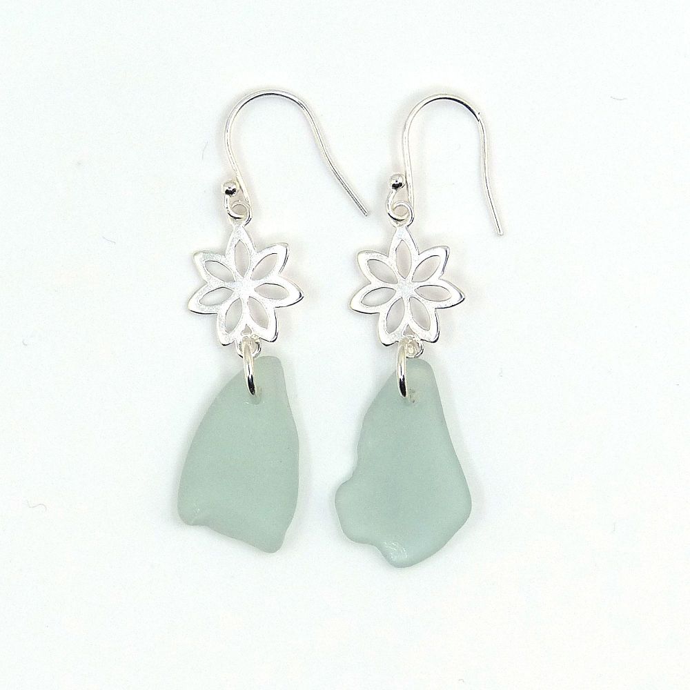 Sterling Silver  Daisy and Pale Blue Sea Glass Drop Earrings e321
