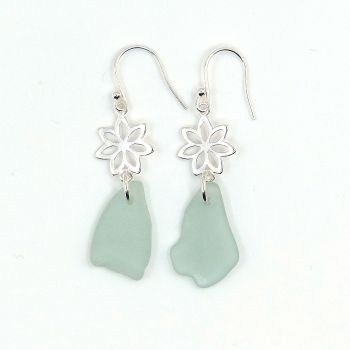 Sterling Silver  Daisy and Pale Blue Sea Glass Drop Earrings e321