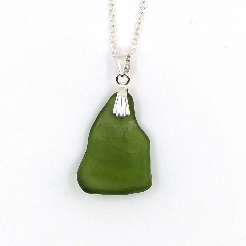 Dark Olive Green Sea Glass and Silver Tendril Pendant Necklace - KARLA