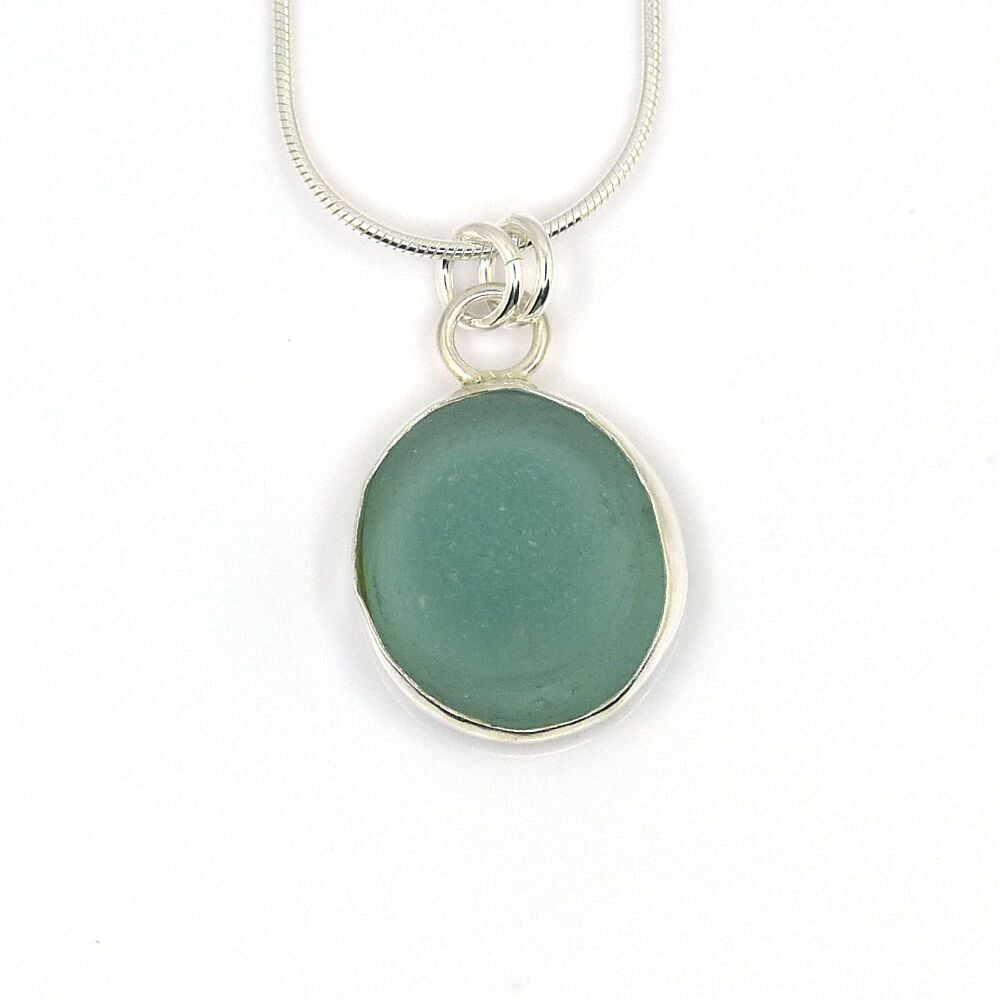 Bezel Set Aqua Sea Glass Pendant Necklace TORI