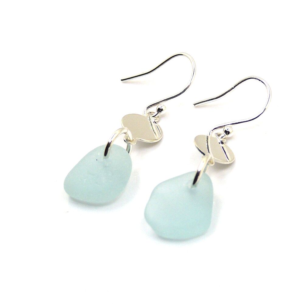 Sterling Silver  Disc and Pale Blue Sea Glass Drop Earrings e331