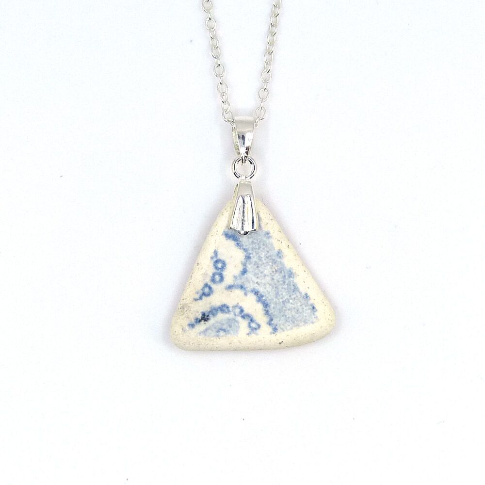 Blue and White Beach Pottery on Sterling Silver Necklace NANON