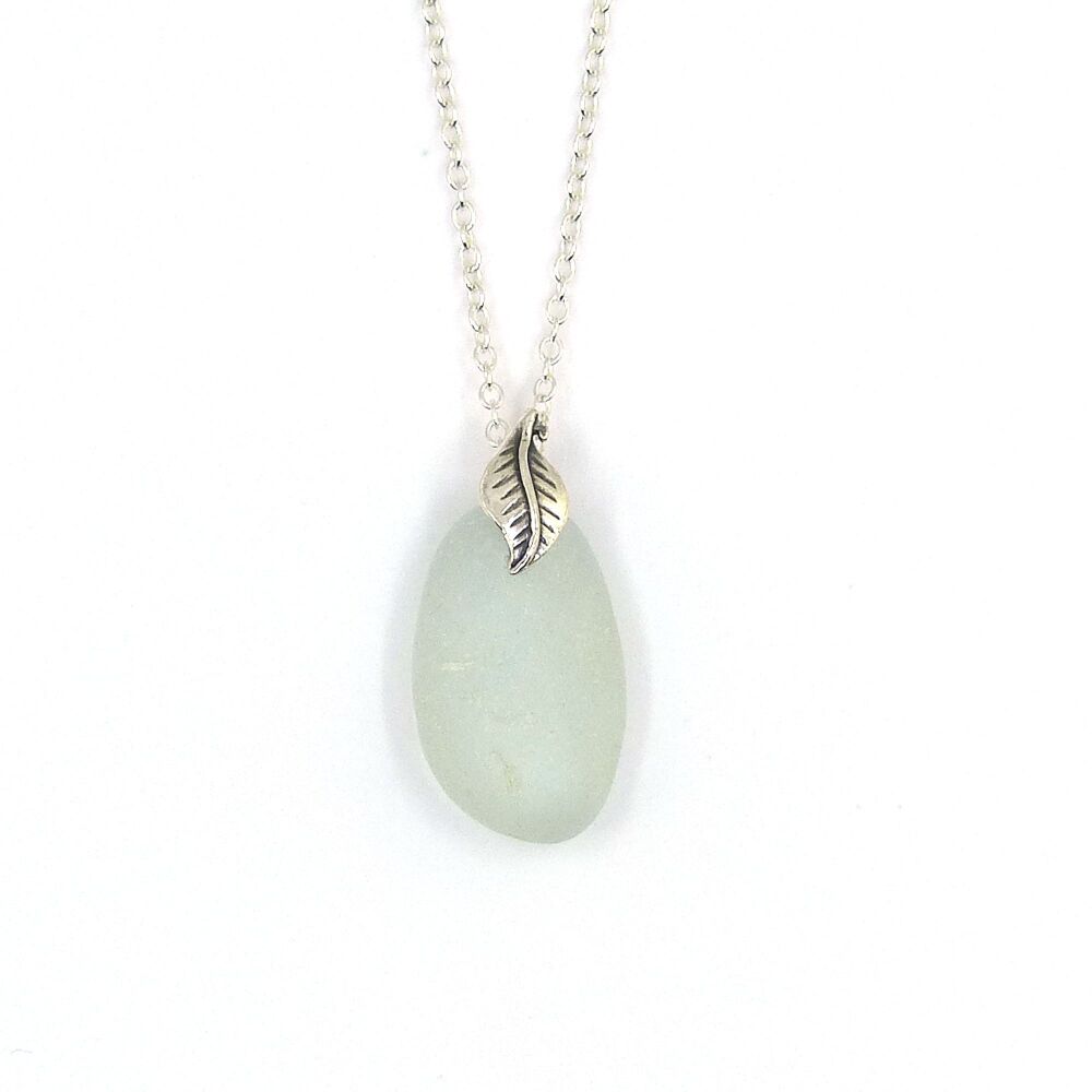 Seafoam Blue Sea Glass Necklace Sterling Silver Leaf Bail PETRA