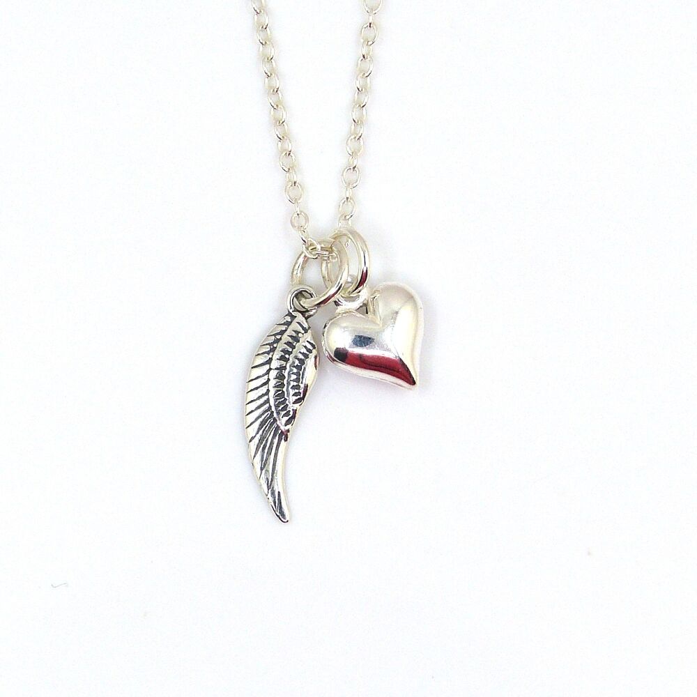 Sterling Silver Angel Wing and Heart  Necklace - Simple - Dainty - Minimali