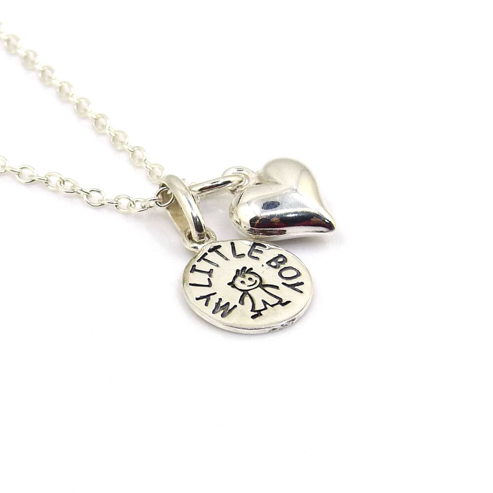 Sterling Silver My Little Boy and Heart Necklace - Simple - Dainty - Minima