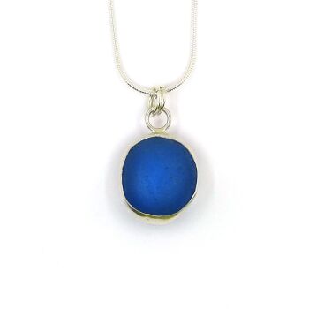 Cobalt Blue Sea Glass Backless Bezel Set Pendant Necklace CARI