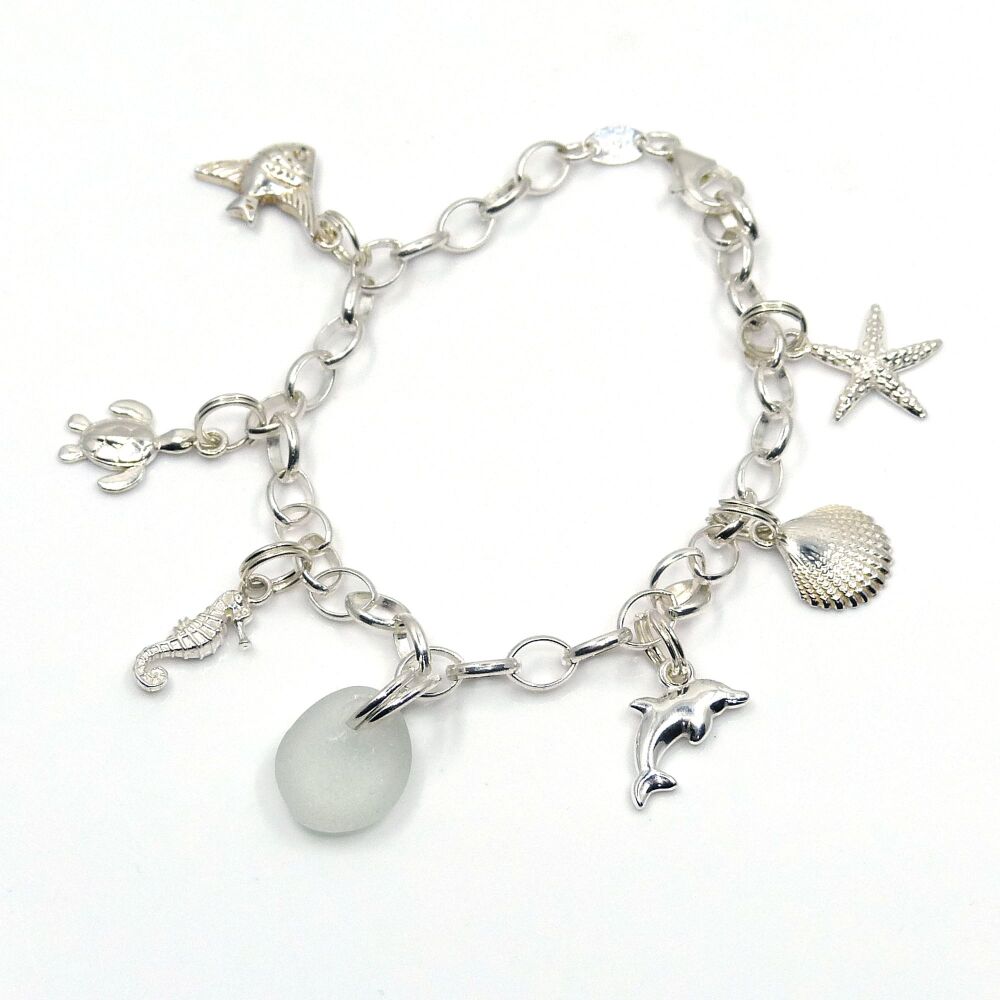 Sea Glass and Sterling Silver Charms Bracelet Pale Blue Sea Glass, Seahorse