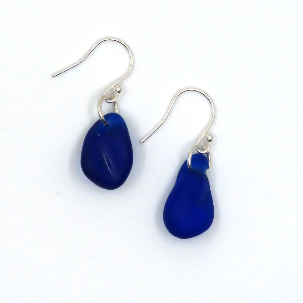Cobalt Blue Sea Glass Sterling Silver Earrings  e339