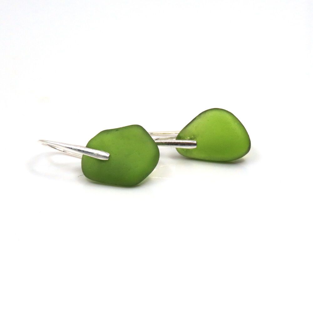 Lime Green Seaham Sea Glass and Sterling Silver Earrings e338