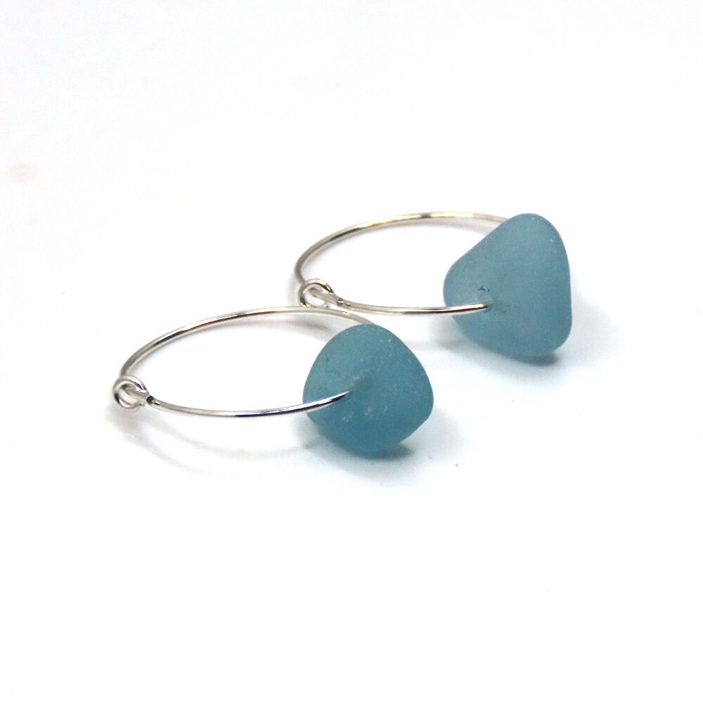 Ocean Blue Sea Glass Sterling Silver Hoop Earrings